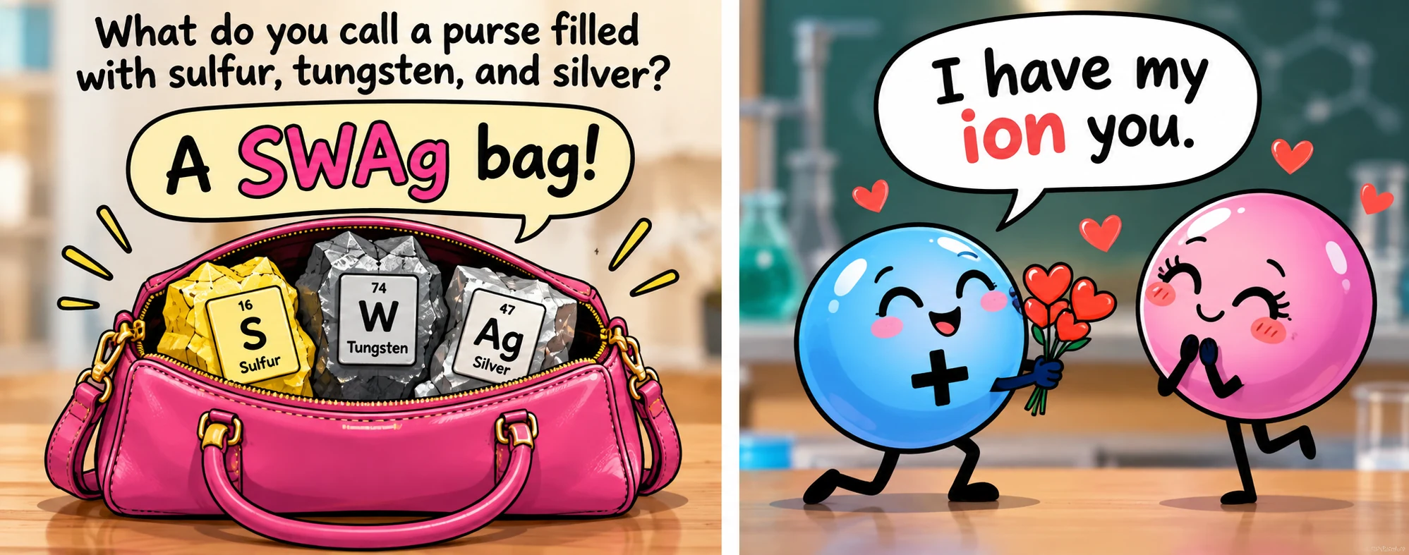 A pink purse filled with sulfur (S), tungsten (W), and silver (Ag): a SWAg bag.